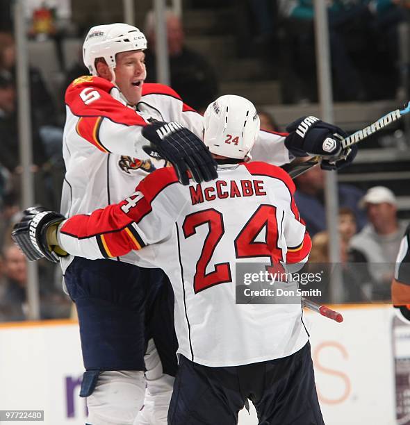 Bryan Allen and Bryan McCabe of the Florida Panter celebrate a goal during an NHL game against the San Jose Sharks on March 13, 2010 at HP Pavilion...