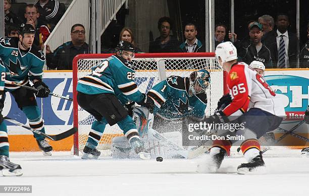 Thomas Greiss of the San Jose Sharks tries to make a save during an NHL game against the Florida Panthers on March 13, 2010 at HP Pavilion at San...