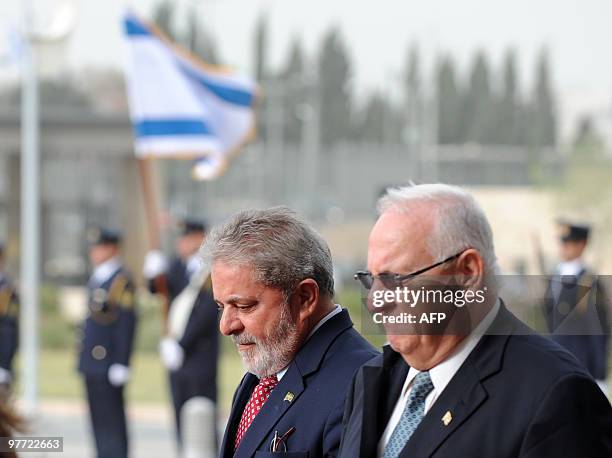 Israeli Parliament Speaker Reuven Rivlin welcomes Brazilian President Luiz Inacio Lula da Silva at the Knesset in Jerusalem on March 15, 2010. Lula...