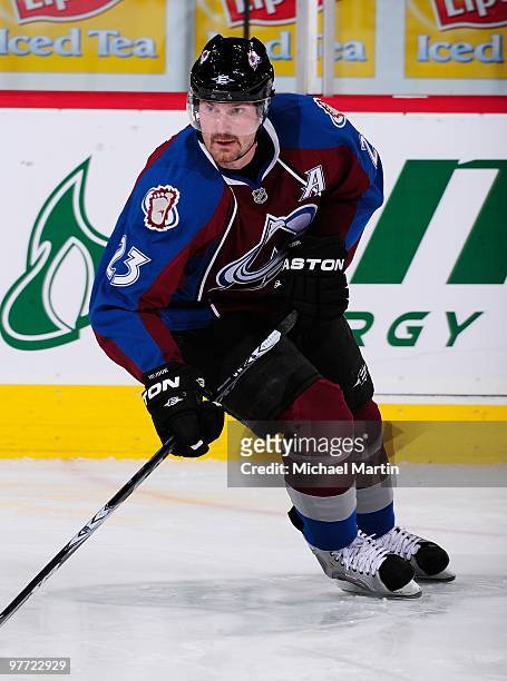 Milan Hejduk of the Colorado Avalanche skates against the Vancouver Canucks at the Pepsi Center on March 9, 2010 in Denver, Colorado. Vancouver beat...