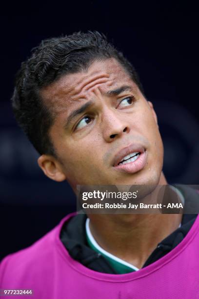Giovani Dos Santos of Mexico looks on from the bench prior to the 2018 FIFA World Cup Russia group F match between Germany and Mexico at Luzhniki...