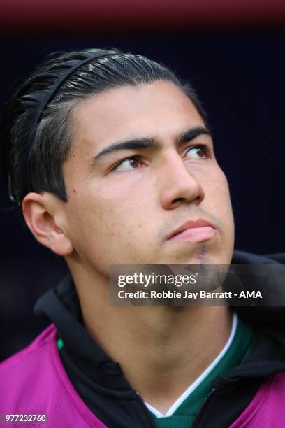 Diego Reyes of Mexico looks on from the bench prior to the 2018 FIFA World Cup Russia group F match between Germany and Mexico at Luzhniki Stadium on...