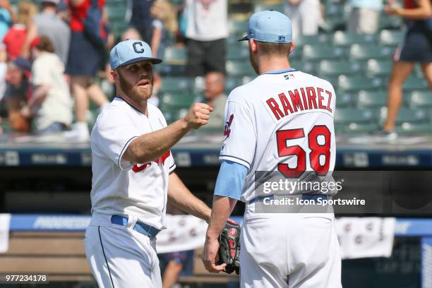 Cleveland Indians pitcher Cody Allen and Cleveland Indians pitcher Neil Ramirez celebrate following the Major League Baseball game between the...