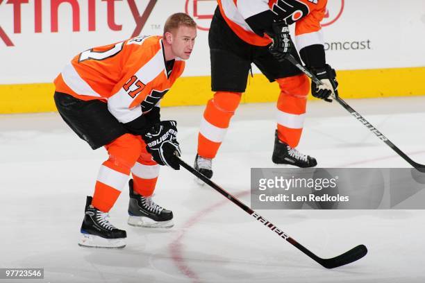 Jeff Carter of the Philadelphia Flyers looks on during warm-ups prior to his game against the Boston Bruins on March 11, 2010 at the Wachovia Center...