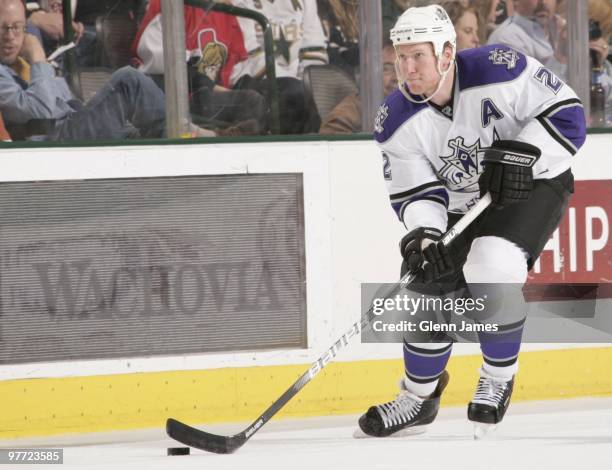 Matt Greene of the Los Angeles Kings skates against the Dallas Stars on March 12, 2010 at the American Airlines Center in Dallas, Texas.