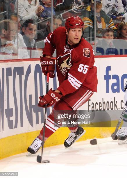 Ed Jovanovski of the Phoenix Coyotes skates with the puck against the Vancouver Canucks on March 10, 2010 at Jobing.com Arena in Glendale, Arizona.