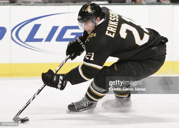 Loui Eriksson of the Dallas Stars skates against the Los Angeles Kings on March 12, 2010 at the American Airlines Center in Dallas, Texas.