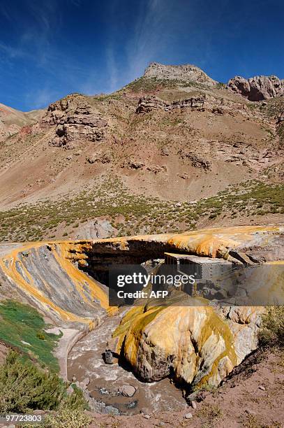 View of the Inca's Bridge at Los Andes, at the border pass on national Road RA-7 between Mendoza, Argentina and Santiago, Chile, on March 7, 2010....