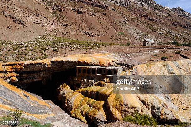 View of the Inca's Bridge at Los Andes, at the border pass on national Road RA-7 between Mendoza, Argentina and Santiago, Chile, on March 7, 2010....