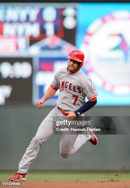 Zack Cozart of the Los Angeles Angels of Anaheim runs the bases against the Minnesota Twins during the game on June 8, 2018 at Target Field in...