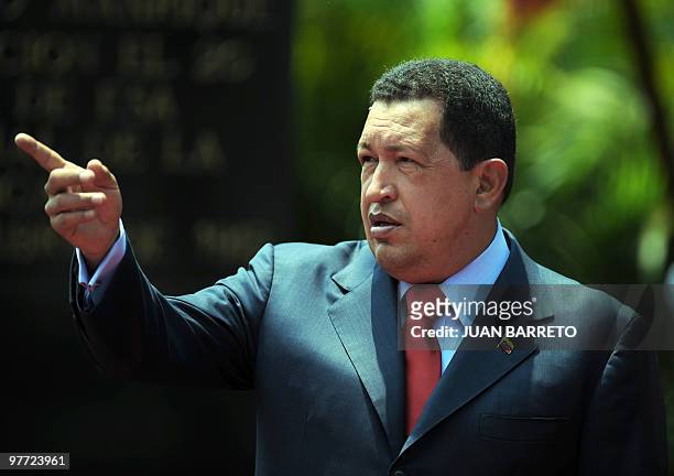 Venezuelan Presidente Hugo Chavez at the "Miraflores" presidential palace in Caracas March 15, 2010. AFP PHOTO/Juan BARRETO