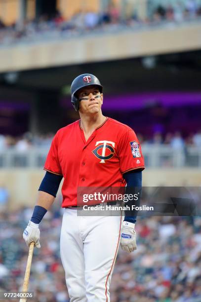Logan Morrison of the Minnesota Twins reacts to striking out against the Los Angeles Angels of Anaheim during the game on June 8, 2018 at Target...