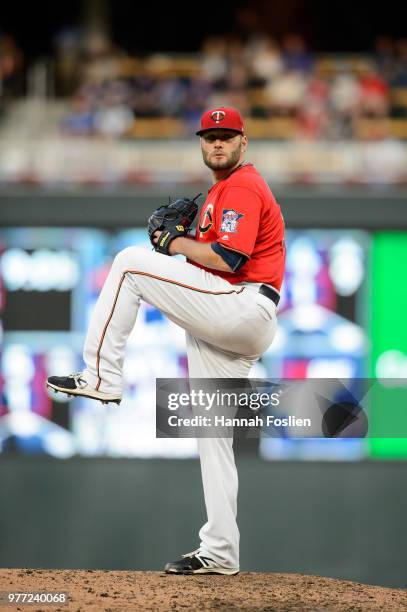 Lance Lynn of the Minnesota Twins delivers a pitch against the Los Angeles Angels of Anaheim during the game on June 8, 2018 at Target Field in...