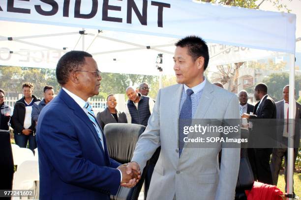 Slumber Tsogwane, Vice President of the Republic of Botswana greeting Members of the Charity Association of Chinese in Botswana . The donation event...