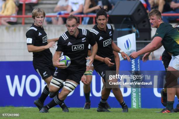 Tom Christie of New Zealand runs with ball during World Rugby Under 20 Championship 3rd Place Play 0ff between South Africa and New Zealand on June...