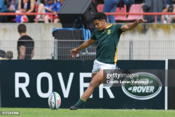 Gianni Lombard of South Africa kicks the conversion during World Rugby Under 20 Championship 3rd Place Play 0ff between South Africa and New Zealand...