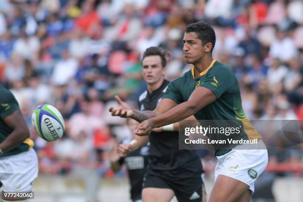 Lyle Hendricks of South Africa passes the ball during World Rugby Under 20 Championship 3rd Place Play 0ff between South Africa and New Zealand on...