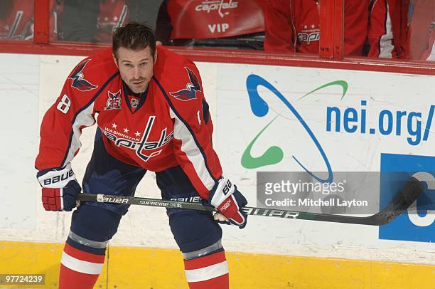 Eric Belanger of the Washington Capitals looks on during warm ups of a NHL hockey game against the New York Rangers on March 6, 2010 at the Verizon...