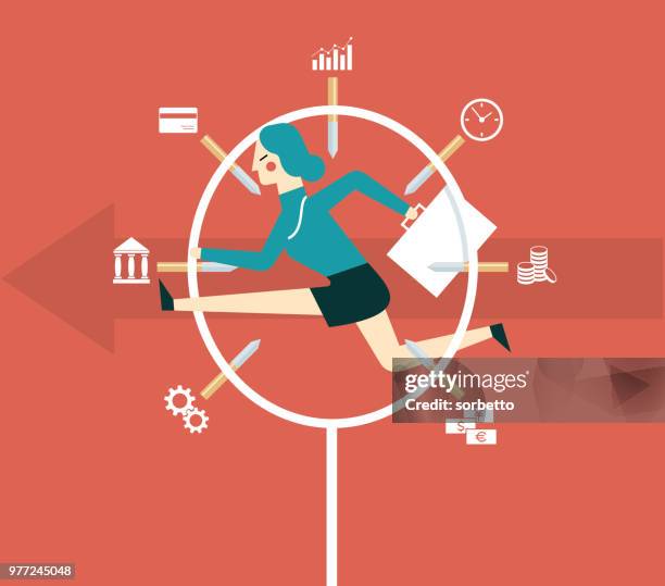 jumping through risk - businesswoman - circus hoops stock illustrations