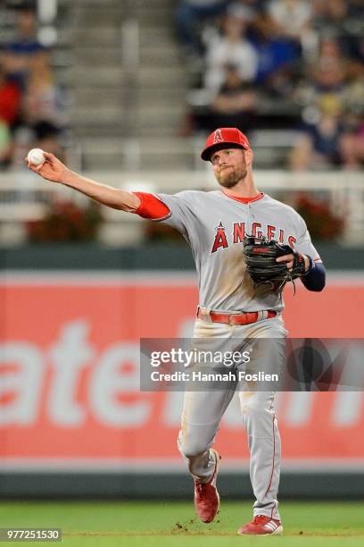 Zack Cozart of the Los Angeles Angels of Anaheim makes a play at shortstop against the Minnesota Twins during the game on June 8, 2018 at Target...
