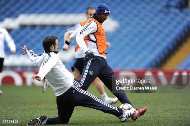 Ricardo Carvalho and Nicolas Anelka of Chelsea during a Training Session ahead of their UEFA Champions League game against Inter Milan at Stamford...