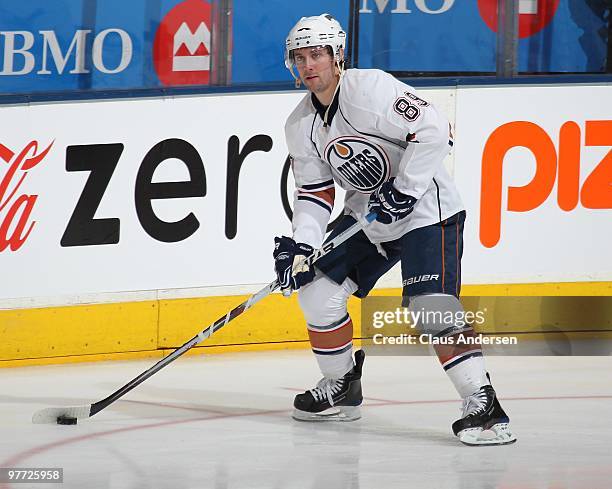 Sam Gagner of the Edmonton Oilers skates in the warm-up mprior to a game against the Toronto Maple Leafs on March 13, 2010 at the Air Canada Centre...