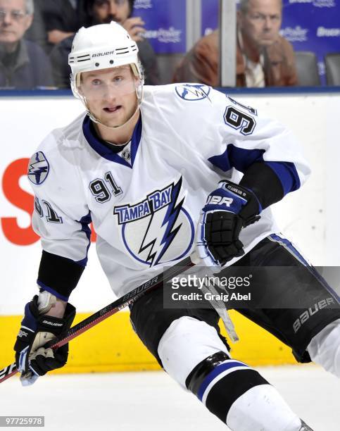 Steven Stamkos of the Tampa Bay Lightning skates during game action against the Toronto Maple Leafs March 11, 2010 at the Air Canada Centre in...