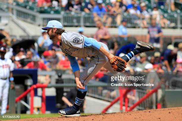 San Diego Padres Pitcher Adam Cimber during the Father's Day MLB game between the Atlanta Braves and the San Diego Padres on June 17 at SunTrust Park...