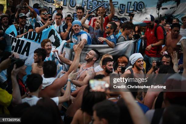 Argentinian football fans enjoy the World Cup party atmosphere on Nikolskaya Street, near Red Square on June 17, 2018 in Moscow, Russia. Today saw...