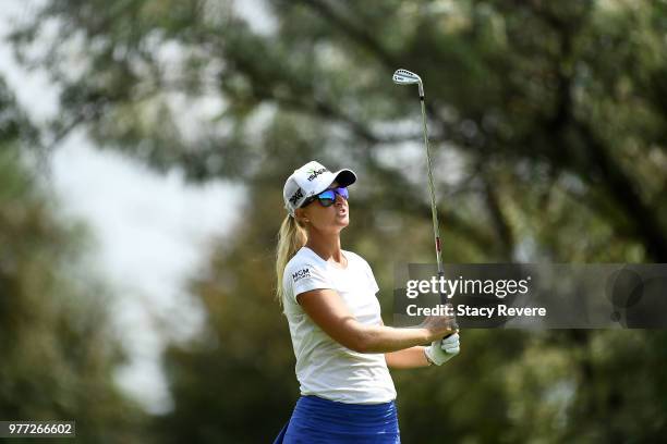 Anna Nordqvist of Sweden hits her tee shot on the 12th hole during the final round of the Meijer LPGA Classic for Simply Give at Blythefield Country...