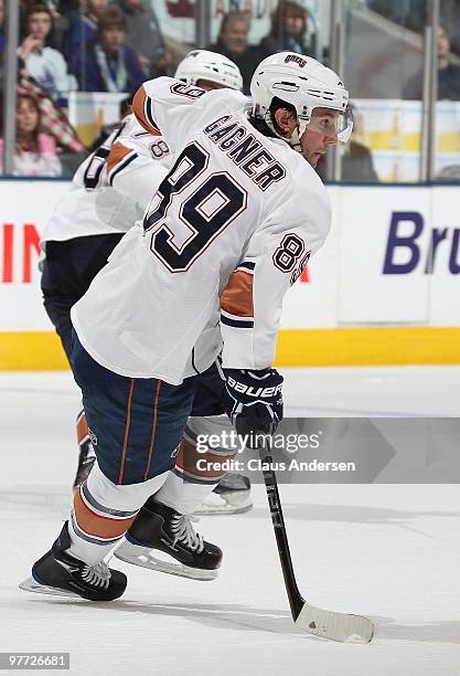 Sam Gagner of the Edmonton Oilers skates in a game against the Toronto Maple Leafs on March 13, 2010 at the Air Canada Centre in Toronto, Ontario....