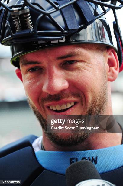 Tyler Flowers of the Atlanta Braves is interviewed after the game against the San Diego Padres at SunTrust Field on June 17, 2018 in Atlanta, Georgia.