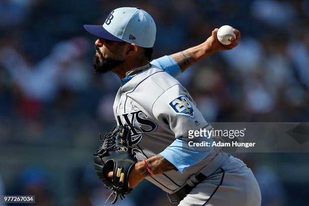 Sergio Romo of the Tampa Bay Rays pitches against the New York Yankees during the ninth inning at Yankee Stadium on June 17, 2018 in the Bronx...