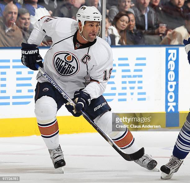 Ethan Moreau of the Edmonton Oilers skates in a game against the Toronto Maple Leafs on March 13, 2010 at the Air Canada Centre in Toronto, Ontario....