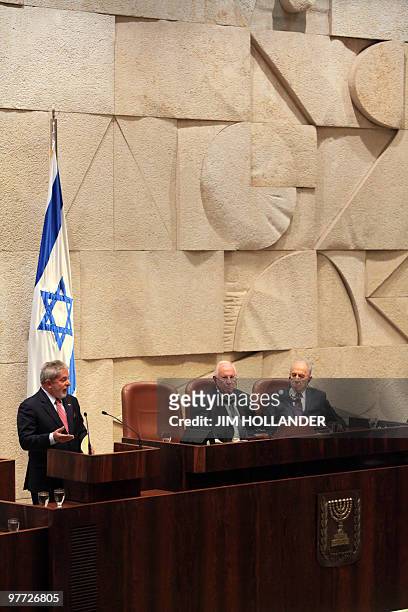 Israeli President Shimon Peres and Parliament Speaker Reuven Rivlin listen to Brazilian President Luiz Inacio Lula da Silva's speech during a special...