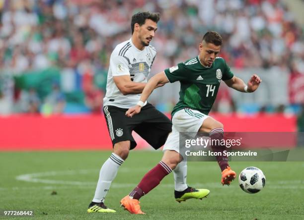 Defender Mats Hummels of Germany and forward Javier Hernandez of Mexico during a Group F 2018 FIFA World Cup soccer match between Germany and Mexico...