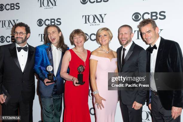 Award winners Tony Kushner, Jordan Roth, Rowan Ian Seamus Magee, Lisa Burger, Rufus Norris pose in 72nd Annual Tony Awards Media Room at 3 West Club.