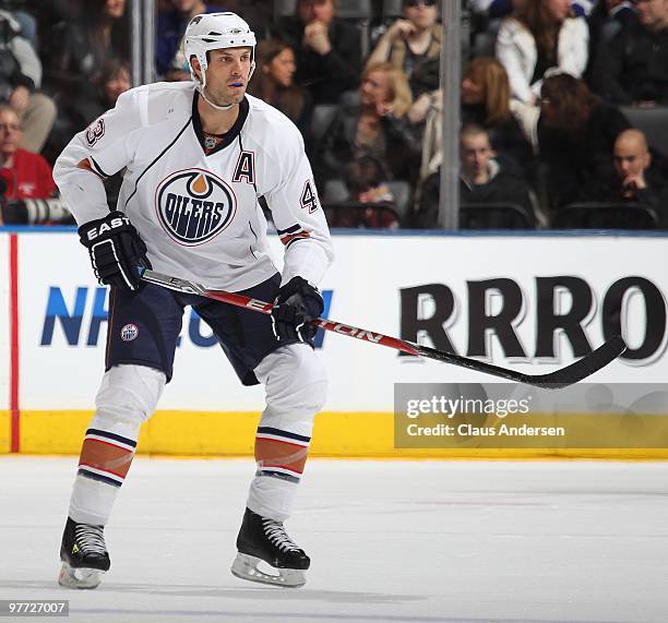 Jason Strudwick of the Edmonton Oilers skates in a game against the Toronto Maple Leafs on March 13, 2010 at the Air Canada Centre in Toronto,...