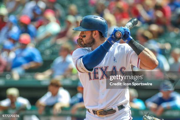 Texas Rangers outfielder Joey Gallo stands at the plate during the game between the Colorado Rockies and the Texas Rangers on June 17, 2018 at Globe...