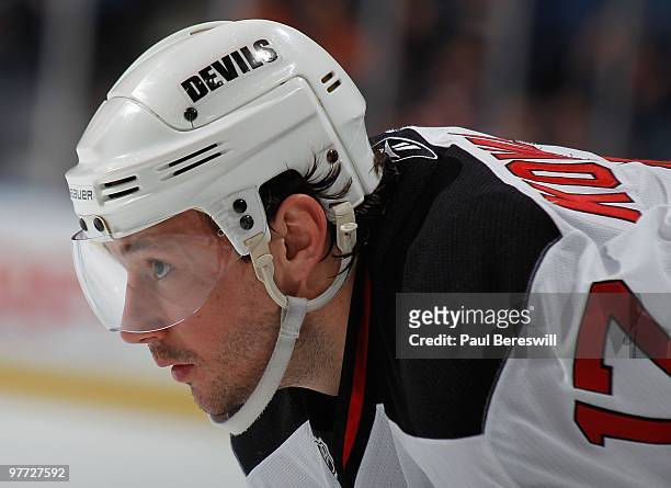 Ilya Kovalchuk of the New Jersey Devils waits for a faceoff against the New York Islanders during an NHL game at the Nassau Coliseum on March 13,...