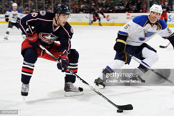 Forward Derick Brassard of the Columbus Blue Jackets skates with the puck against the St. Louis Blues on March 13, 2010 at Nationwide Arena in...