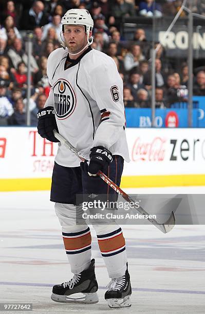 Ryan Whitney of the Edmonton Oilers skates in a game against the Toronto Maple Leafs on March 13, 2010 at the Air Canada Centre in Toronto, Ontario....