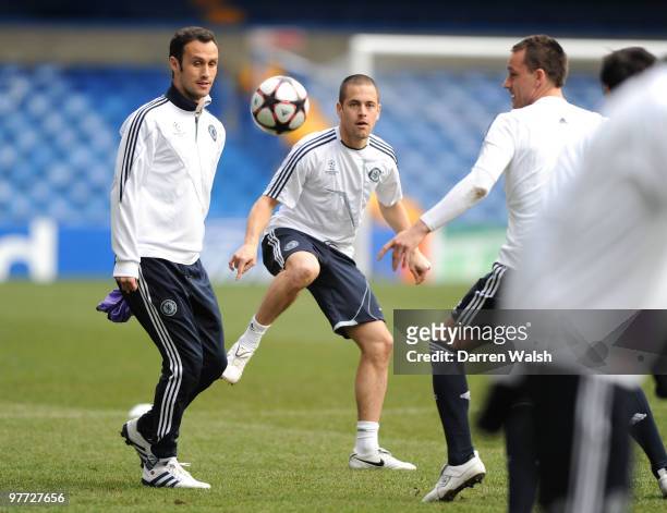 Joe Cole and Ricardo Carvalho during a Training Session ahead of their UEFA Champions League game against Inter Milan at Stamford Bridge on March 15,...