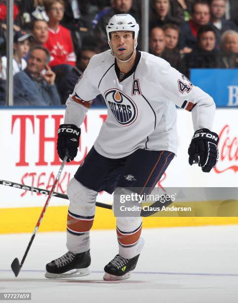 Jason Strudwick of the Edmonton Oilers skates in a game against the Toronto Maple Leafs on March 13, 2010 at the Air Canada Centre in Toronto,...