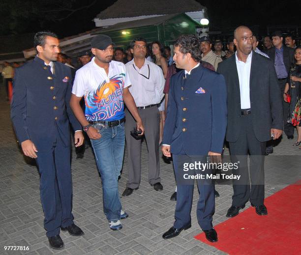 Harbhajan Singh, Zaheer Khan and Sachin Tendulkar at the IPL opening party in Mumbai on March 11, 2010.
