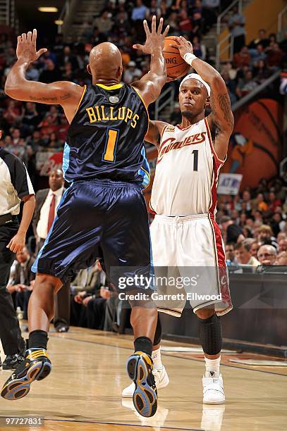 Daneil Gibson of the Cleveland Cavaliers looks to pass over Chauncey Billups of the Denver Nuggets during the game on February 18, 2010 at Quicken...