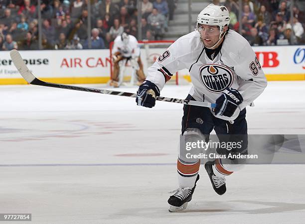 Sam Gagner of the Edmonton Oilers skates in a game against the Toronto Maple leafs on March 13, 2010 at the Air Canada Centre in Toronto, Ontario....