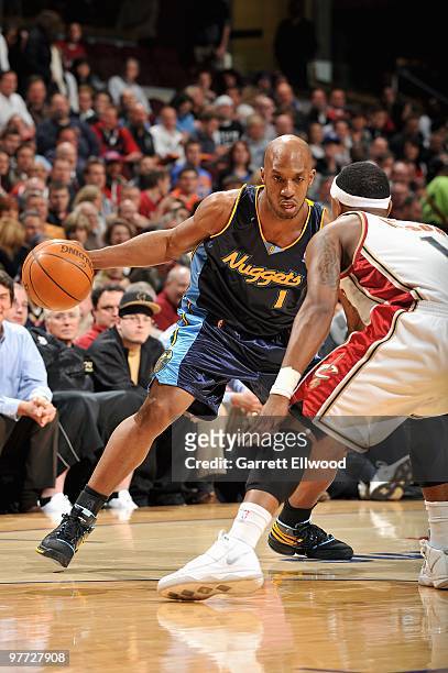 Chauncey Billups of the Denver Nuggets goes up against Daniel Gibson of the Cleveland Cavaliers during the game on February 18, 2010 at Quicken Loans...