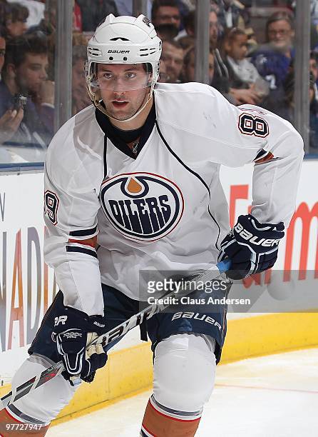 Sam Gagner of the Edmonton Oilers skates in a game against the Toronto Maple Leafs on March 13, 2010 at the Air Canada Centre in Toronto, Ontario....