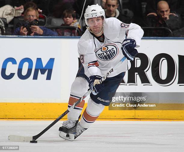 Sam Gagner of the Edmonton Oilers gets set to fire a pass up ice in a game against the Toronto Maple Leafs on March 13, 2010 at the Air Canada Centre...